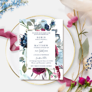 Elegant Berry Blue Burgundy Floral Wedding Invitation