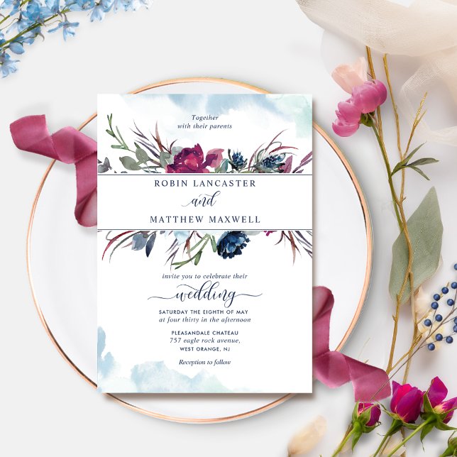 Elegant Berry Blue Floral and Watercolor Wedding Invitation (Creator Uploaded)