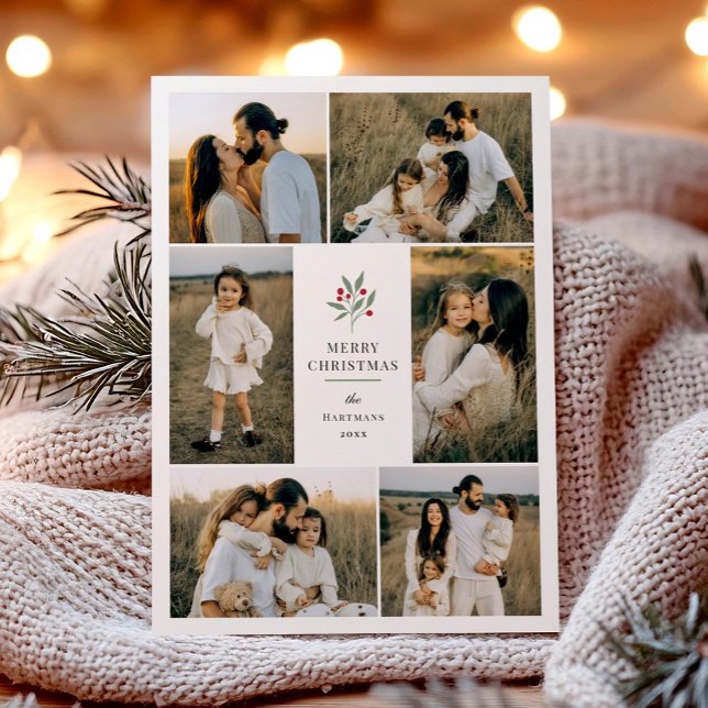 Elegant Berry Botanical Christmas 6 Photo Collage Holiday Card (Creator Uploaded)