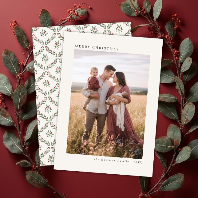 Elegant Berry Botanical Vertical Christmas Photo Holiday Card (Creator Uploaded)