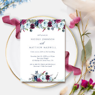 Elegant Berry, Burgundy and Blue Blooms Wedding Invitation