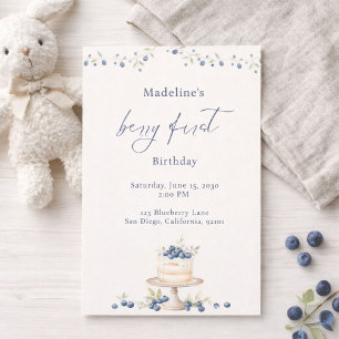 Elegant Berry First Blueberry Birthday Cake Invitation