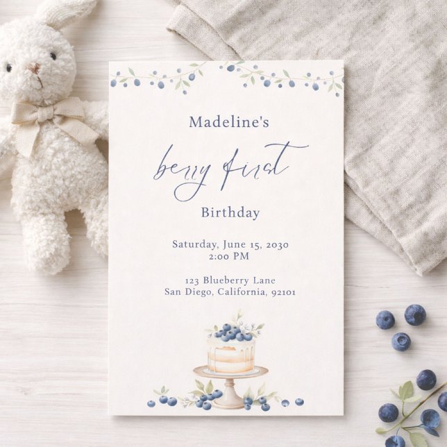 Elegant Berry First Blueberry Birthday Cake Invitation (Creator Uploaded)