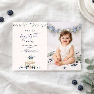 Elegant Berry First Blueberry Birthday Cake Photo Invitation