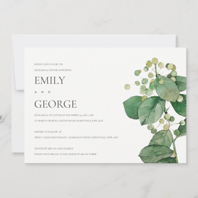 ELEGANT BERRY LEAF FOLIAGE REHEARSAL DINNER INVITE (Front)