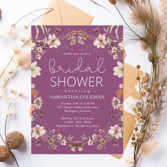 Elegant Berry Purple Boho Wildflower Bridal Shower Invitation (Creator Uploaded)