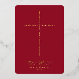 Elegant Berry Red Scripture Cross Foil Holiday Card