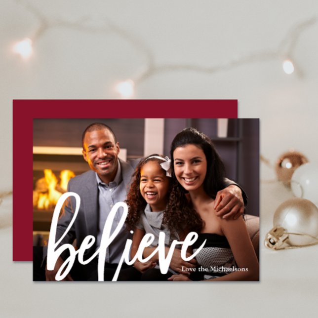 Elegant Berry Typography Believe Photo Christmas Holiday Card (Creator Uploaded)