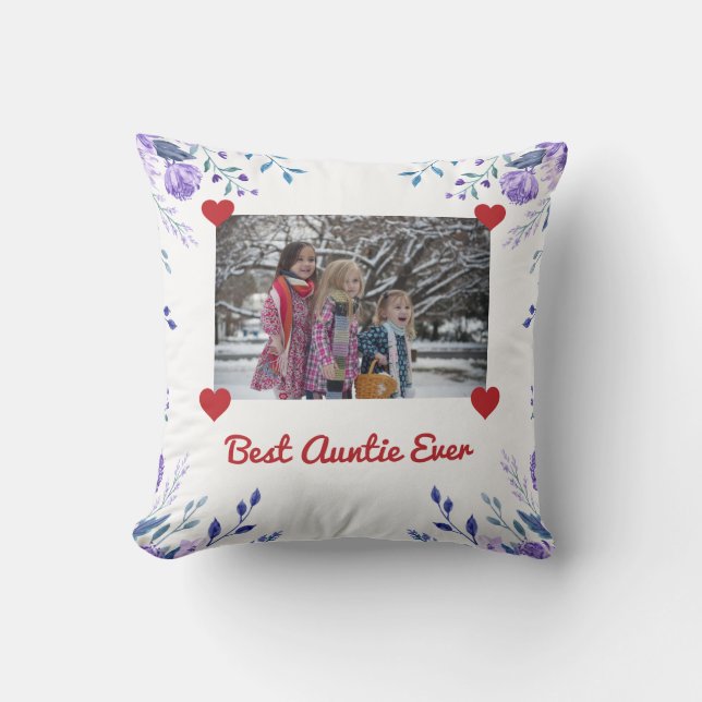 Elegant Best Auntie Ever BAE Photo Hearts Floral Cushion (Front)