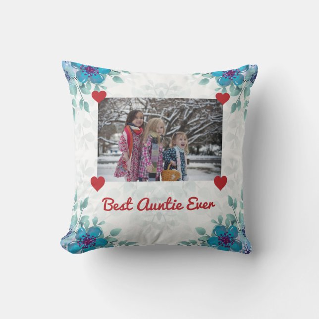 Elegant Best Auntie Ever BAE Photo Hearts Floral Cushion (Front)