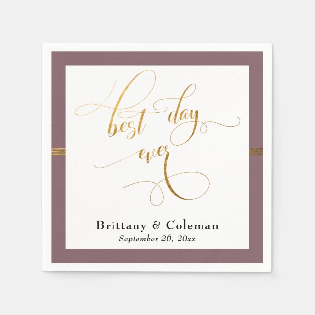 Elegant Best Day Ever Mauve Pink & Gold Stripe Napkin (Front)