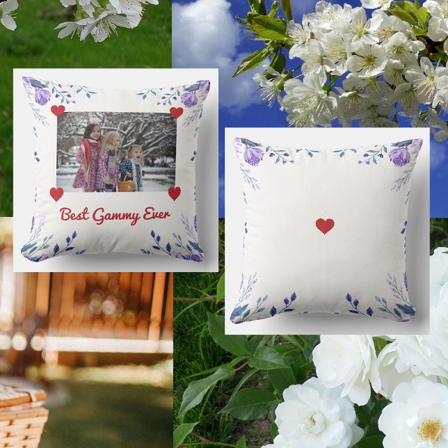 Elegant Best Gammy Ever Grandma Photo Floral Cushion (Best Gammy Ever. Elegant personalized floral photo pillow for Grandma on Mother's Day or her bday)
