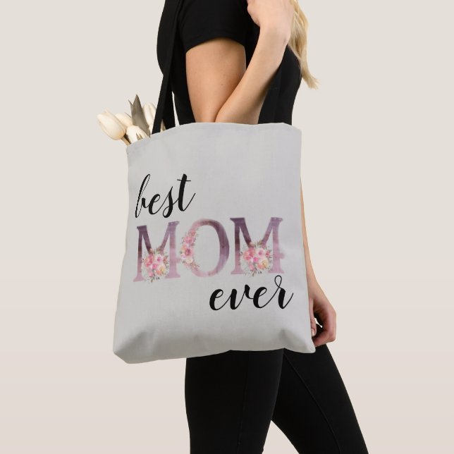 Elegant Best MOM Ever Floral Typography Tote Bag (Close Up)