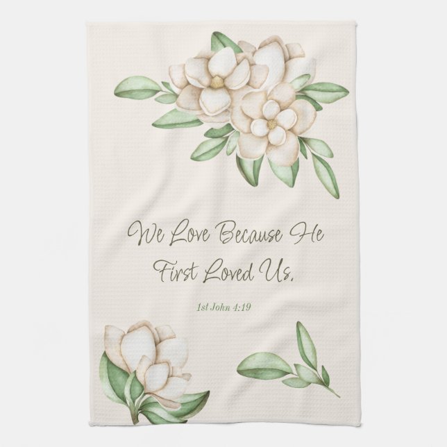 Elegant Bible Verse Botanical Magnolia Script Tea Towel (Vertical)