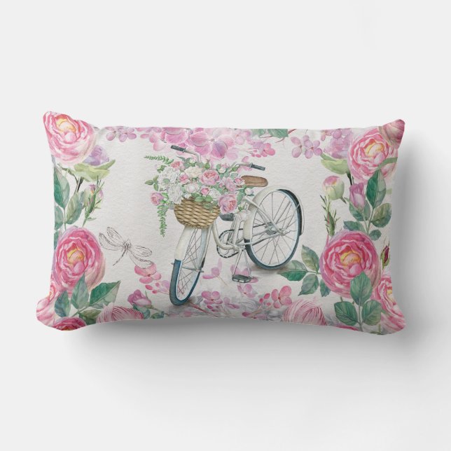 Elegant Bicycle and Flowers Lumbar Cushion (Front)
