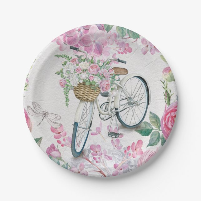 Elegant Bicycle and Flowers Paper Plate (Front)