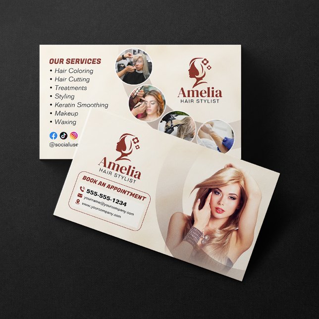 Elegant Biege Hair Stylist Salon Makeup Waxing Business Card (Creator Uploaded)