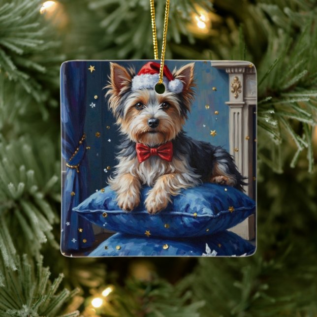 Elegant Biewer Terrier Dog Velvet Christmas Ceramic Ornament (Tree)