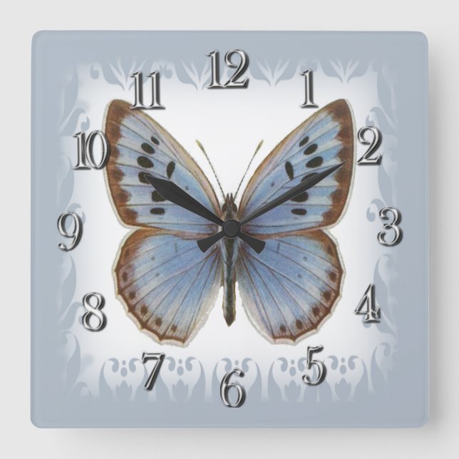 Elegant Big Blue and Beautiful Butterfly Square Wall Clock (Front)