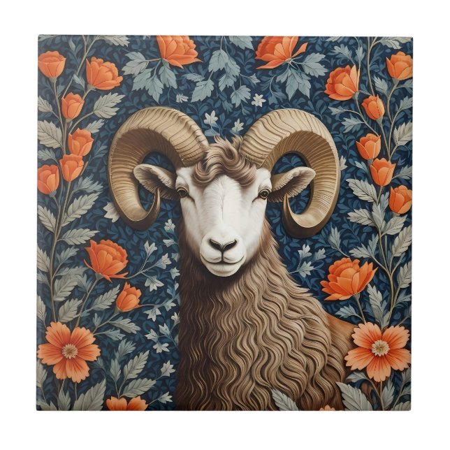 Elegant Big Horn Sheep William Morris Inspired  Ceramic Tile (Front)