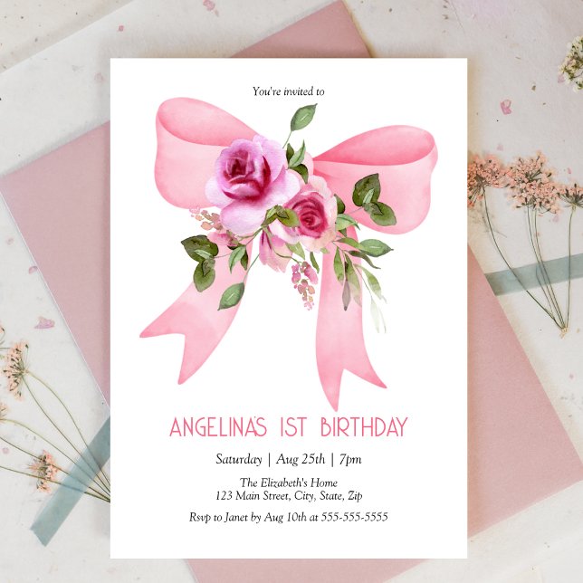 Elegant Big Pink Bow Rose Floral Birthday Invitation (Creator Uploaded)