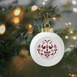 Elegant Bilingual Burgundy Birds Ceramic Ball Christmas Ornament