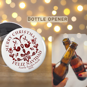 Elegant Bilingual Burgundy Birds Christmas Bottle Opener