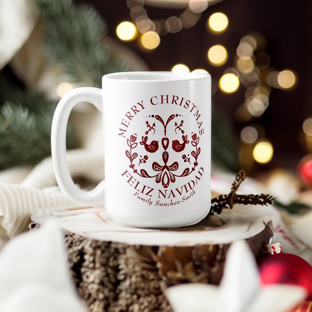 Elegant Bilingual Burgundy Birds Christmas Coffee Mug (Biligual Christmas Mug, Spanish, customizable family name & text. Multilingual Project)