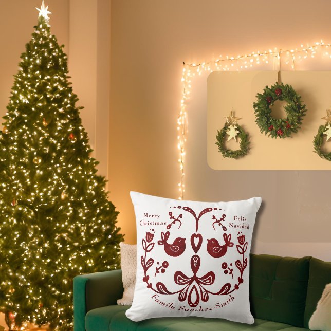 Elegant Bilingual Burgundy Birds Christmas Spanish Cushion (Christmas Bilingual Spanish Feliz Navidad thow pillow, custom & familiy name multilingual Project)