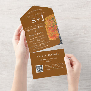 Elegant Birch Tree Fall QR Code Wedding RSVP All In One Invitation