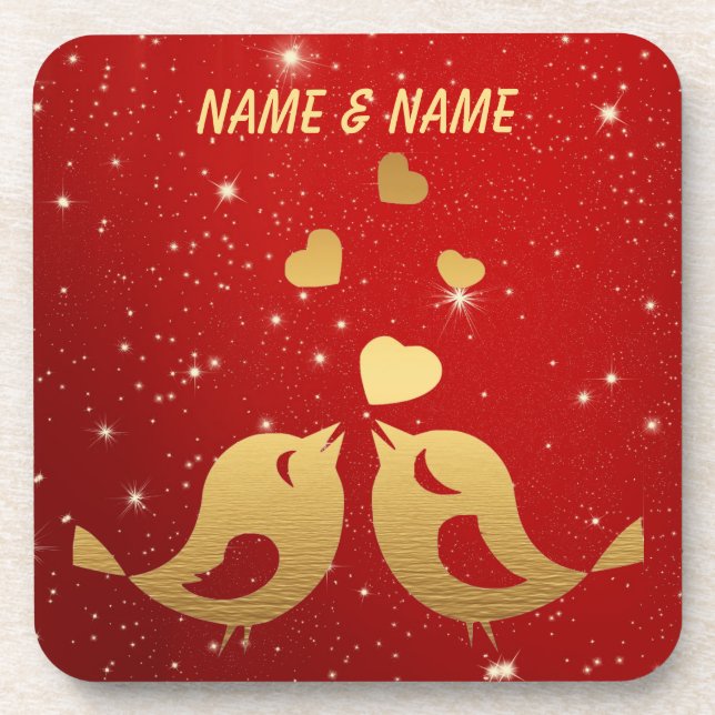Elegant Bird Golden Heart Red Shiny Wedding Party Coaster (Front)