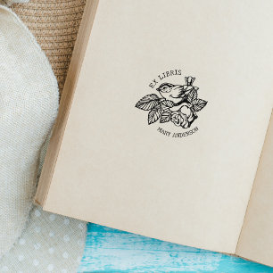 Elegant Bird with Flower Book Ex Libris Rubber Stamp