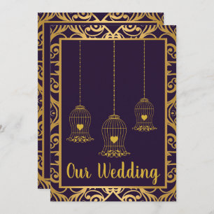 ELEGANT BIRDCAGE NAVY GOLD ABSTRACT WEDDING INVITATION