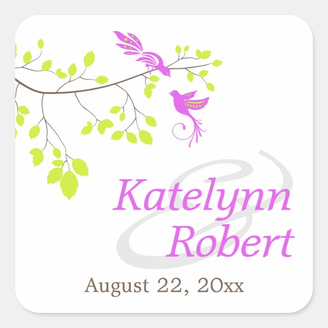 Elegant Birds On a Branch Purple and Green Wedding Square Sticker (Front)