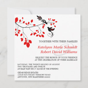 Elegant Birds On a Branch Red and Black Wedding Invitation
