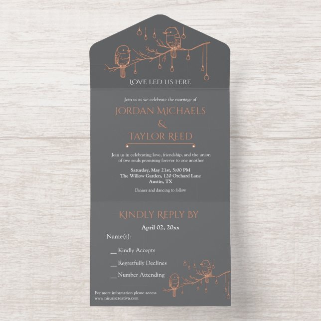 Elegant Birds Rose Foil Wedding  LGBTQ Friendly All In One Invitation (Inside)