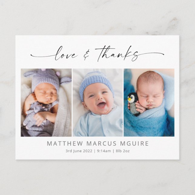 Elegant birth announcement, love and thanks photo  postcard (Front)