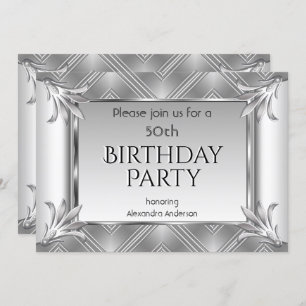 Elegant Birthday Art Deco Silver Chrome Invitation