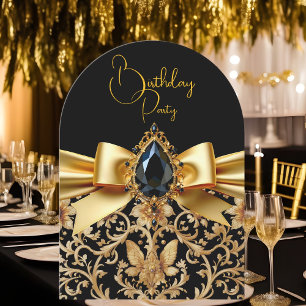 Elegant Birthday Black Gold Bow Jewel Damask Invitation