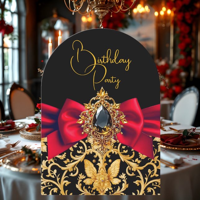 Elegant Birthday Black Gold Red Bow Jewel Damask Invitation (Creator Uploaded)