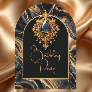 Elegant Birthday Black Marble Gold Jewel Invitation