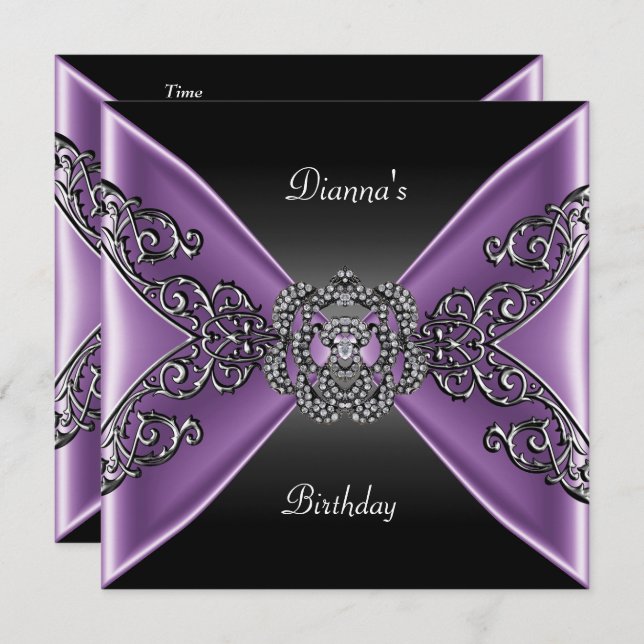 Elegant Birthday Black Purple Jewel Silver Invitation (Front/Back)