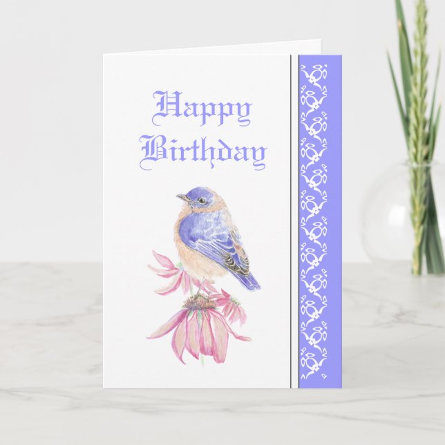 Elegant  Birthday, Blue Bird, Garden Flowers Card (Front)