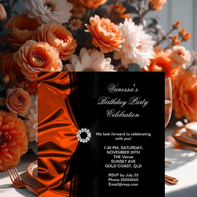 Elegant Birthday Burnt Orange Silk Look Black Invitation (Creator Uploaded)