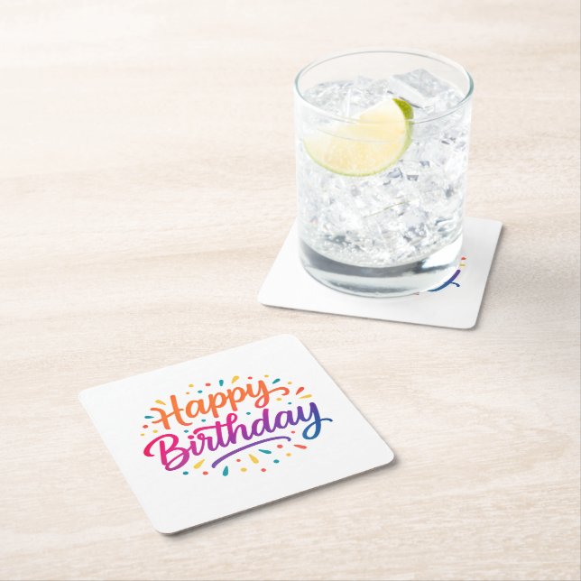 Elegant Birthday Calligraphy Design Square Paper Coaster (Insitu)