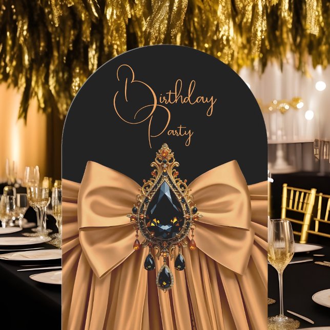 Elegant Birthday Caramel Gold Jewel Bow Black Invitation (Creator Uploaded)