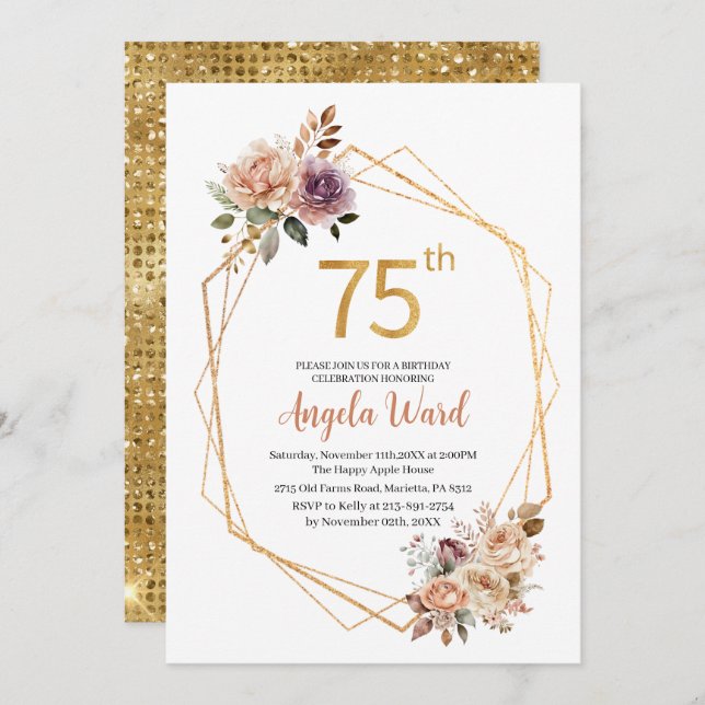 Elegant birthday celebration beige flowers glitter invitation (Front/Back)