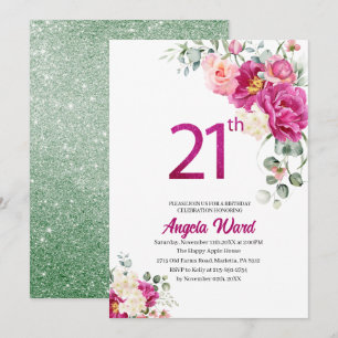 Elegant birthday celebration floral glitter 21th invitation