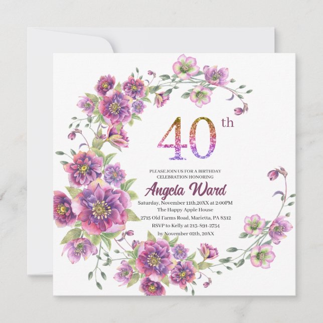 Elegant birthday celebration  floral glitter 40 th invitation (Front)