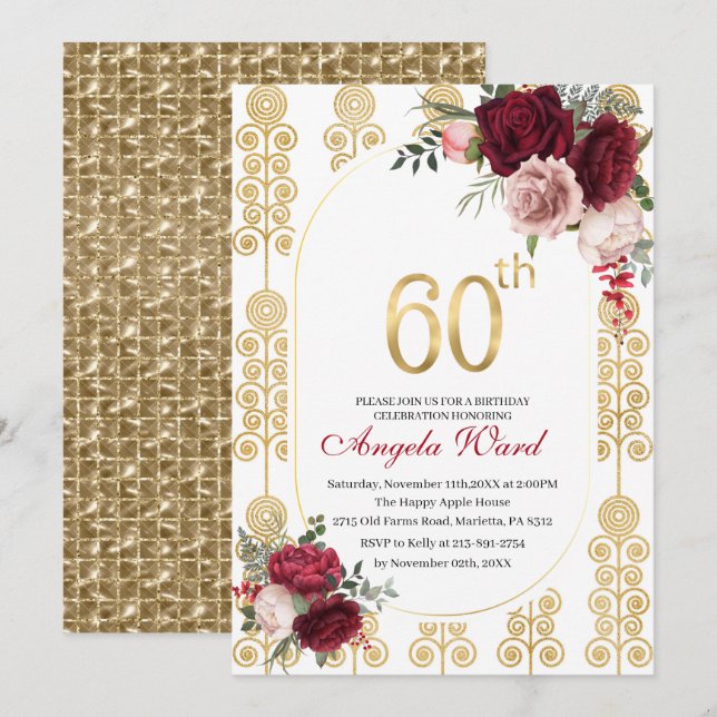 Elegant birthday celebration  floral glitter 60th  invitation (Front/Back)